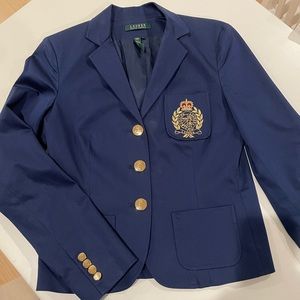 Ralph Lauren Womens Navy Crested Blazer small preppy jacket classic blue